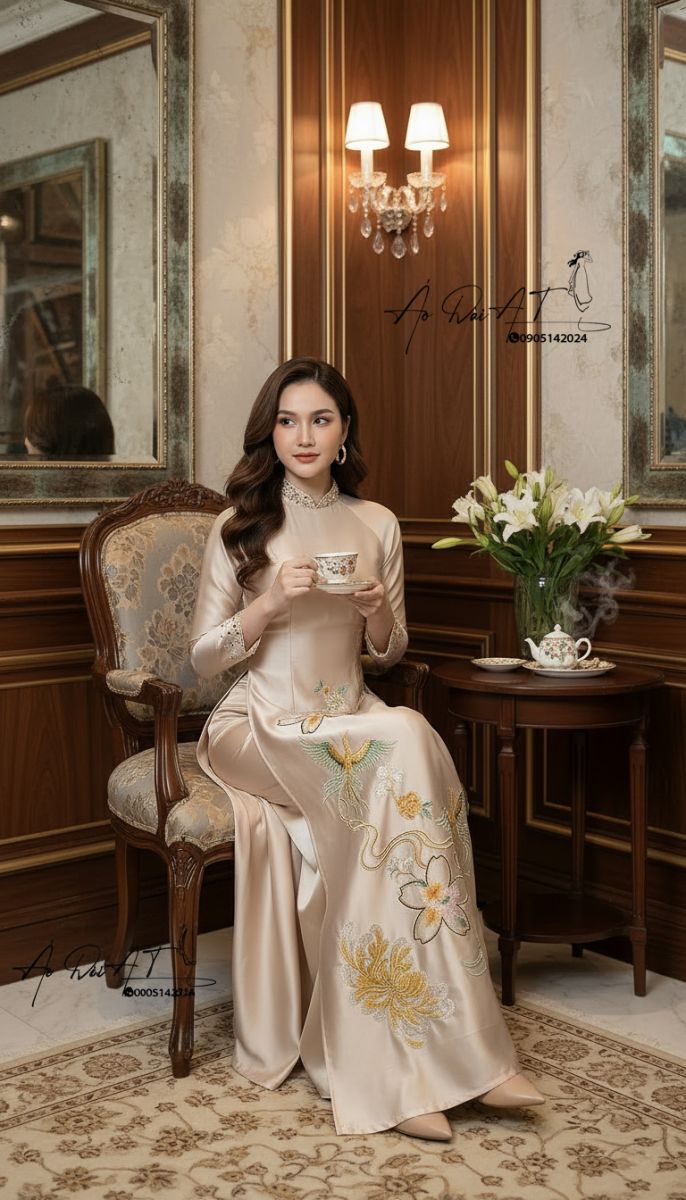 Áo dài trung niên beige kem ADTN-005-1